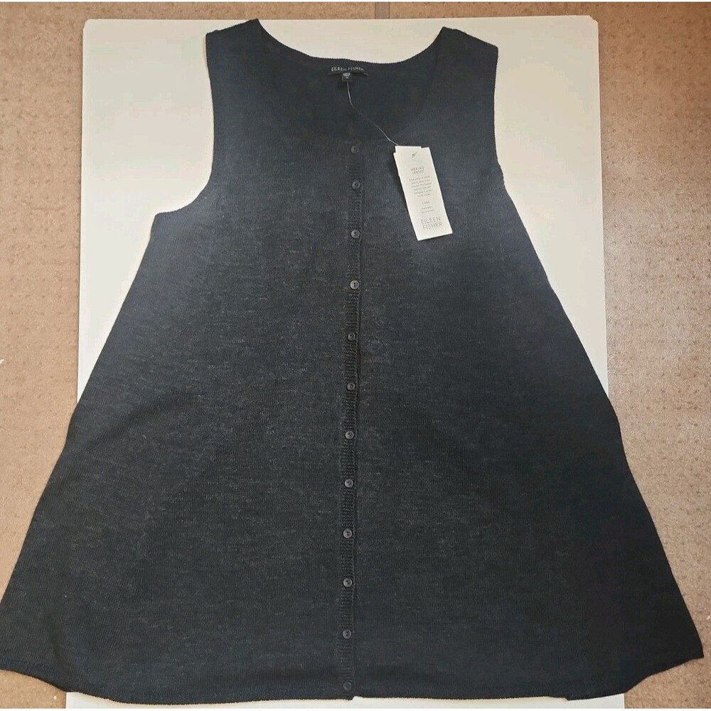 NWT Eileen Fisher Knit Long Button Front Sweater Vest Tunic Charcoal Gray M Wool